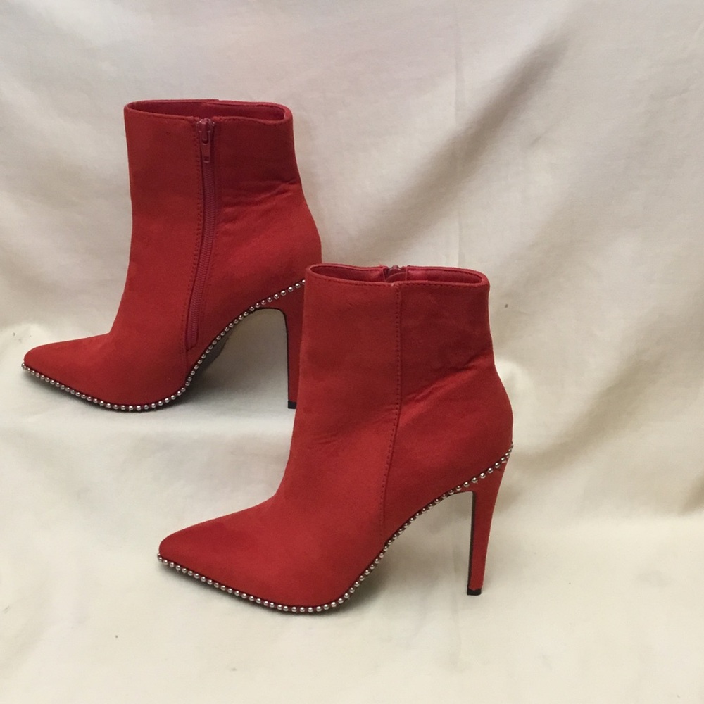 Women's Red Suede Pointed-Toe Stiletto Booties with Rhinestone Trim